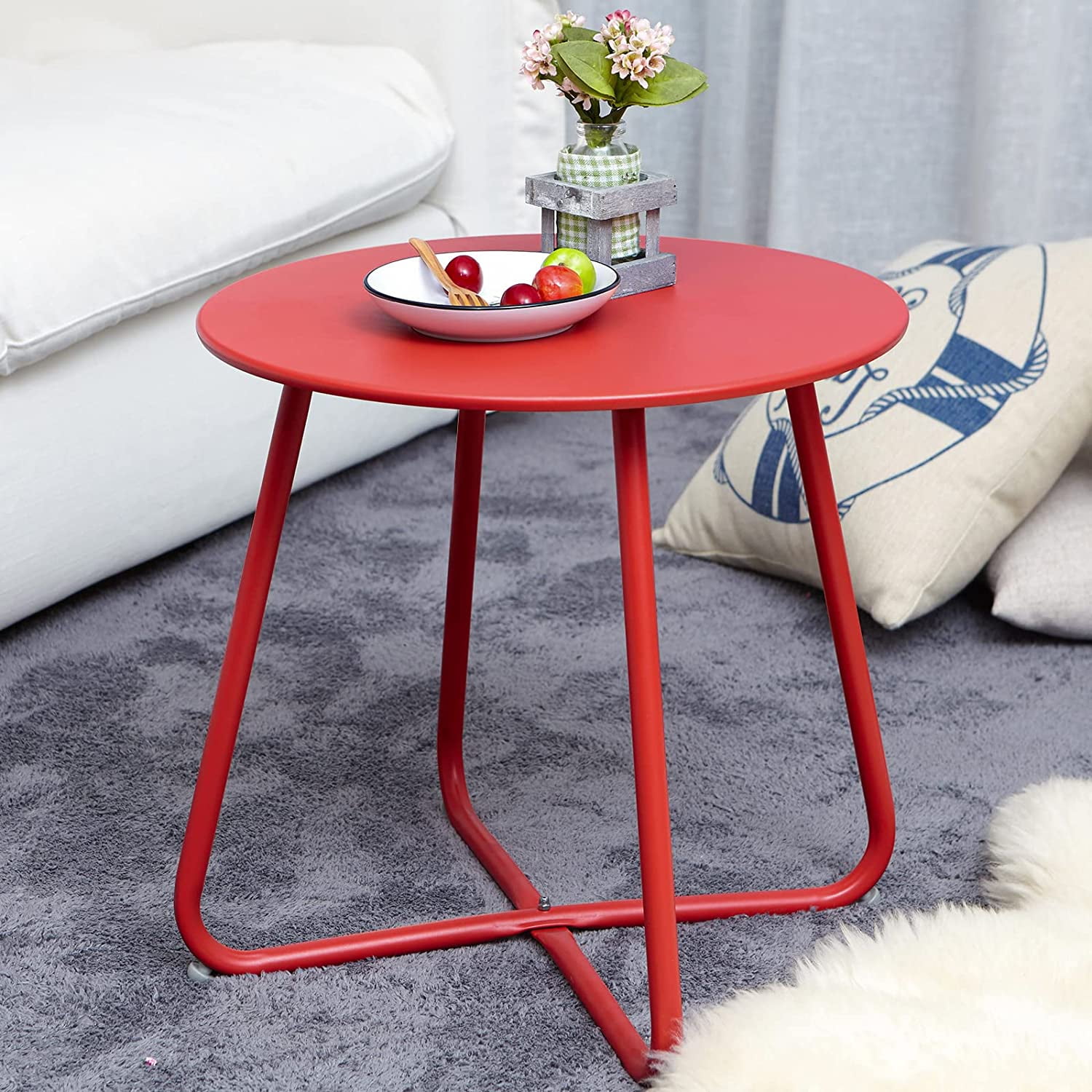 Grand Patio Outdoor&Indoor Steel Patio Side Table, Weather Resistant Outdoor Small Round End Table for Patio, Yard, Balcony, Garden, Living Room, Bedroom, Red