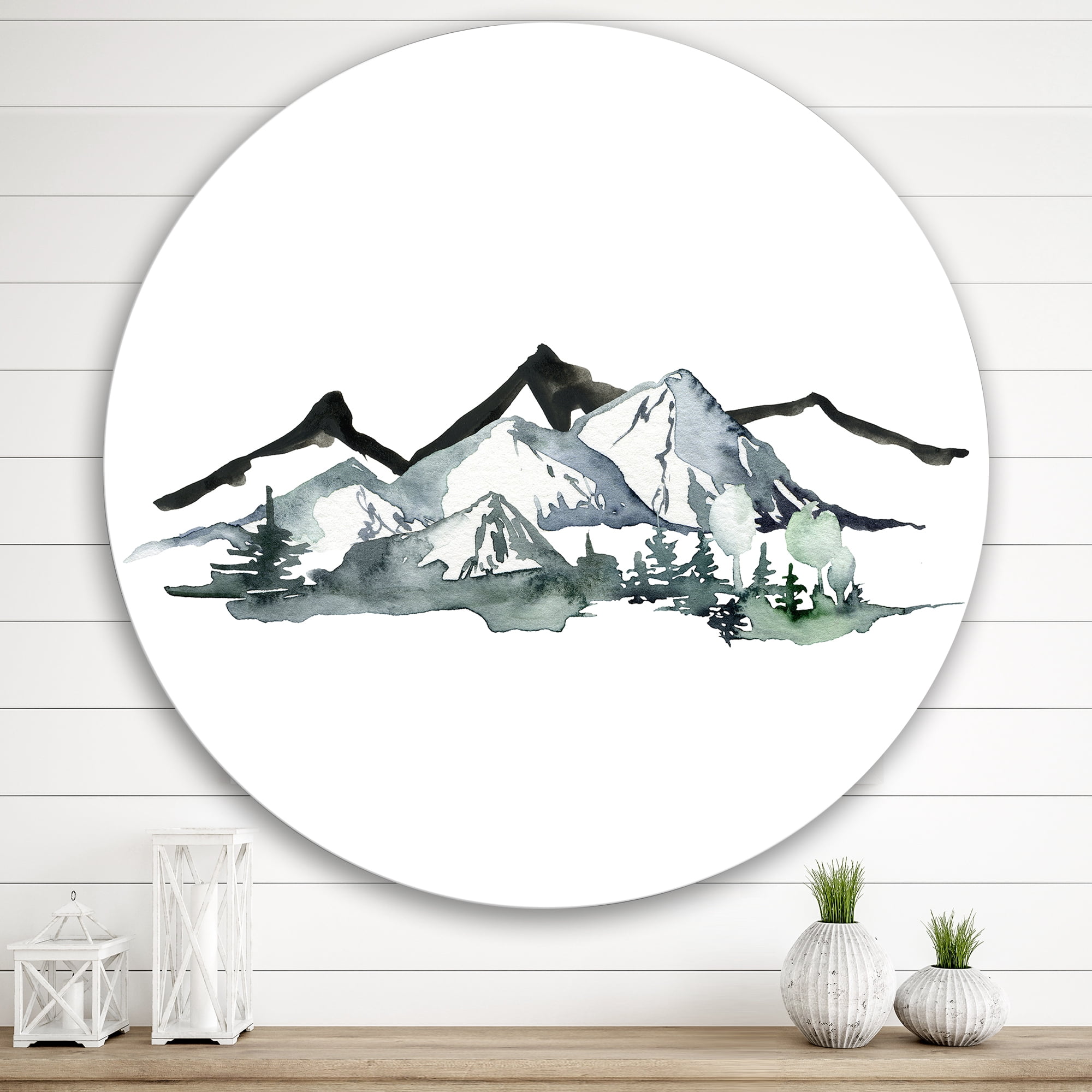 Designart 'Minimalistic Fir Forest and Winter Mountains I' Modern Circle Metal Wall Art 36x36 - Disc of 36