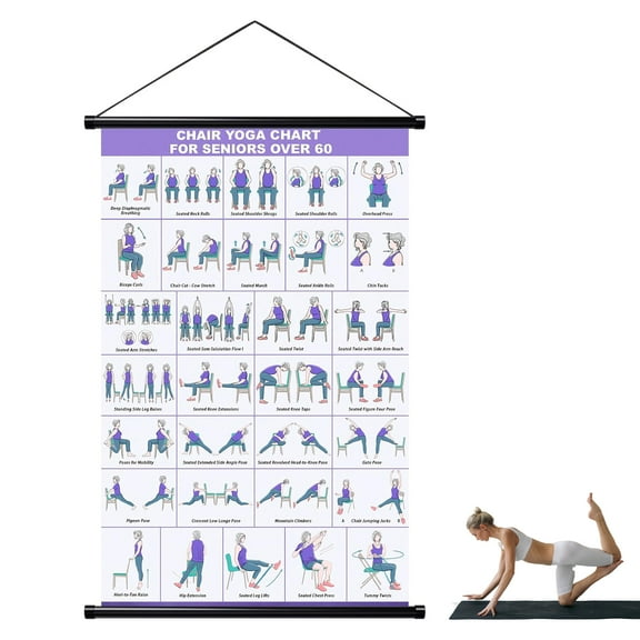 Bohorizon Chair Yoga for Seniors Over 60 Chart, Wall Hanging with Rope, Exercise Guide Poster