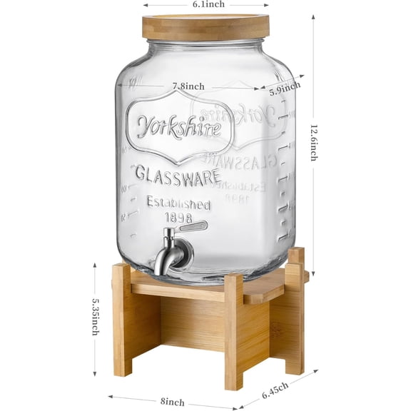 2 Gallon Glass Drink Dispenser with Wood Stand and Stainless Steel Spigot for Parties, Picnics, Barbecues