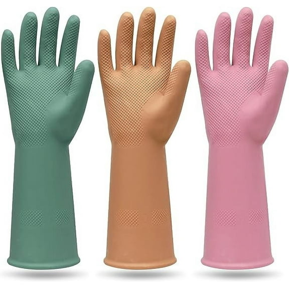 3 Pairs Colorful Reusable Waterproof Household Dishwashing Cleaning Rubber Gloves, Non-Slip Kitchen Glove