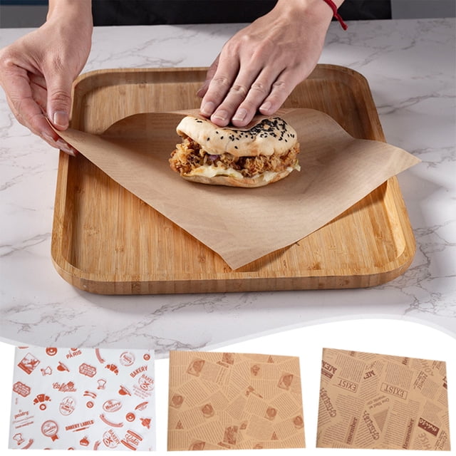Hojas de papel para envases de alimentos | Paquete de 50 revestimientos de pergamino resistentes al aceite de cera | 21,5x25cm Envoltorio desechable para bollería, tartas, sándwiches, hamburguesas |