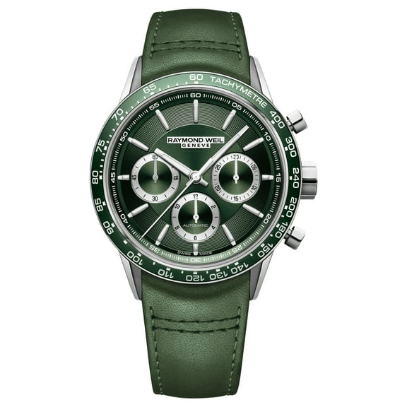 Raymond Weil Freelancer Automatic Chronograph Stainless Steel Green Dial Green Leather Strap Mens Watch 7741-SC7-52021