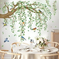 Large Hanging Vine Wall Decals, Tree Branch Green Leaf Flower Birds Stickers, High Coverage Wall Decorations for Living Room TV Background Bedroom