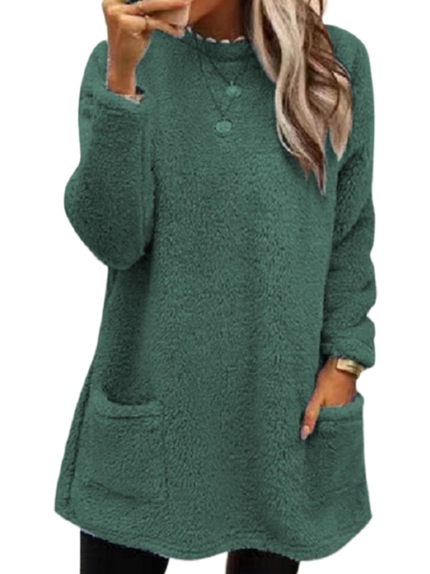 LUXUR Women Fuzzy Fleece T Shirt Loose Work Tops Olive Green 3XL