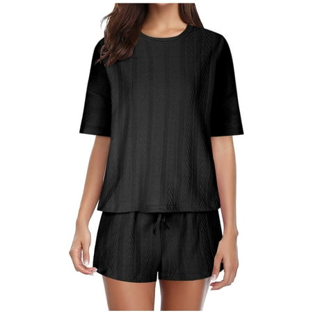 

Pajama Sets for Women Round Neck Short Sleeve Shirts High Waist Wide Leg Shorts Sets Summer Matching Sets Sleepwear (Large Black21)