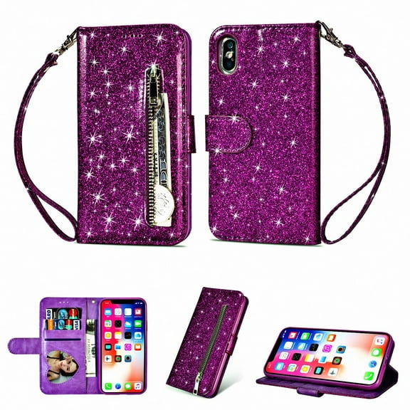 iPhone XS Max Case, Allytech PU Leather Glitter Bumper Shockproof Cards Slots Wallet Case with Zipper & Hand Strap Protective Cover for Apple iPhone XS Max 6.5" Screen, Purple