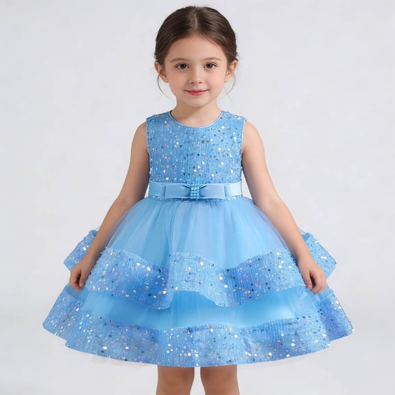 ZHOGXU Big Kids Girls Dress Sleeveless Round Neck Sequins Bow Detail Mesh Comfortable Stylish Dresses For Party And Daily Wear Blue 2-3 Years