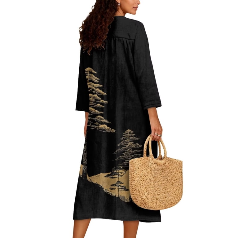 black and gold oriental dress Renewold Pine Tree Print Casual Dresses for Women Dresses Lightweight Loose Swing Oversized Comfortable Fashion V Neck Tunic dress_type_Pageant: Teen