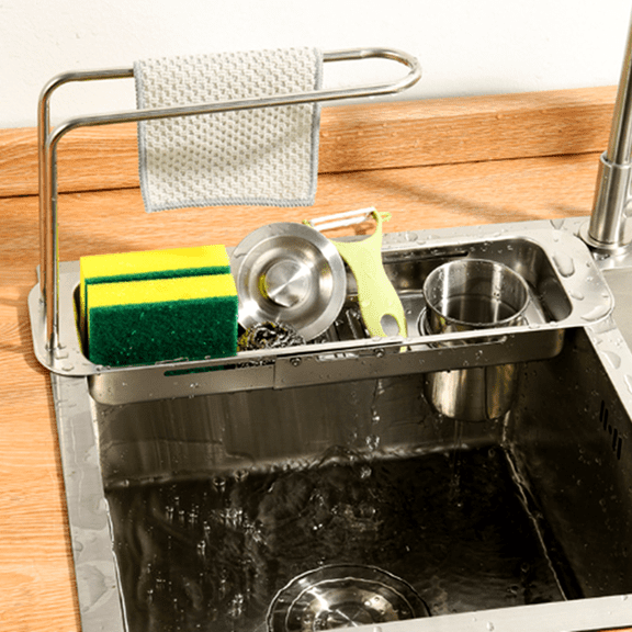 Bxaolu Over The Kitchen Sink Caddy Sponge Holder Organizer Drying Rack Expandable for Sponge Brush Soap Dish Cloth Rag 14.5" to 17.5", Stainless Steel