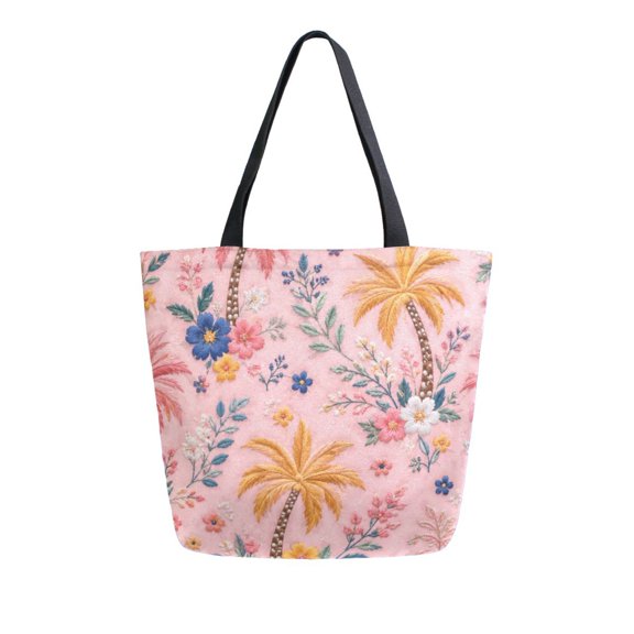 Open Top Canvas Shoulder Handbag with Interior Zipper Pocket Large-Capacity Tote Bag Retro Tropical Pattern