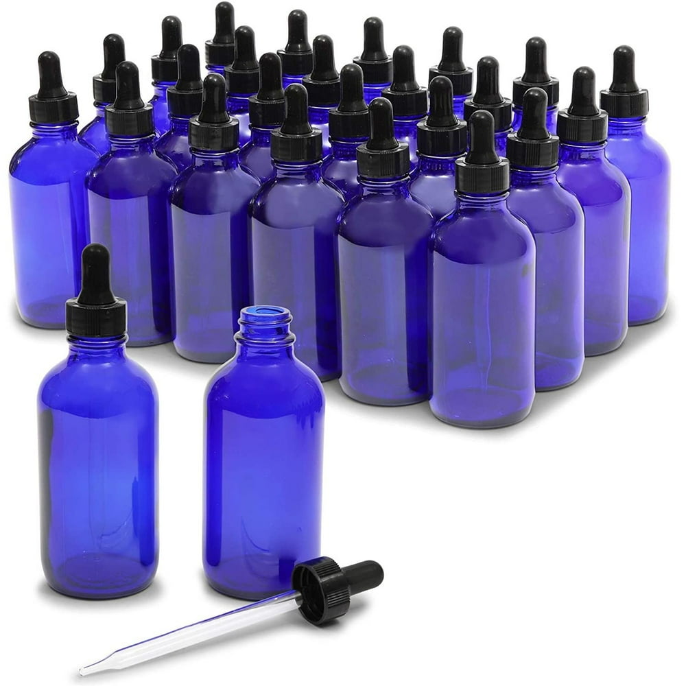 24 Pack 4oz Cobalt Blue Round Glass Bottles with Glass Droppers and 6