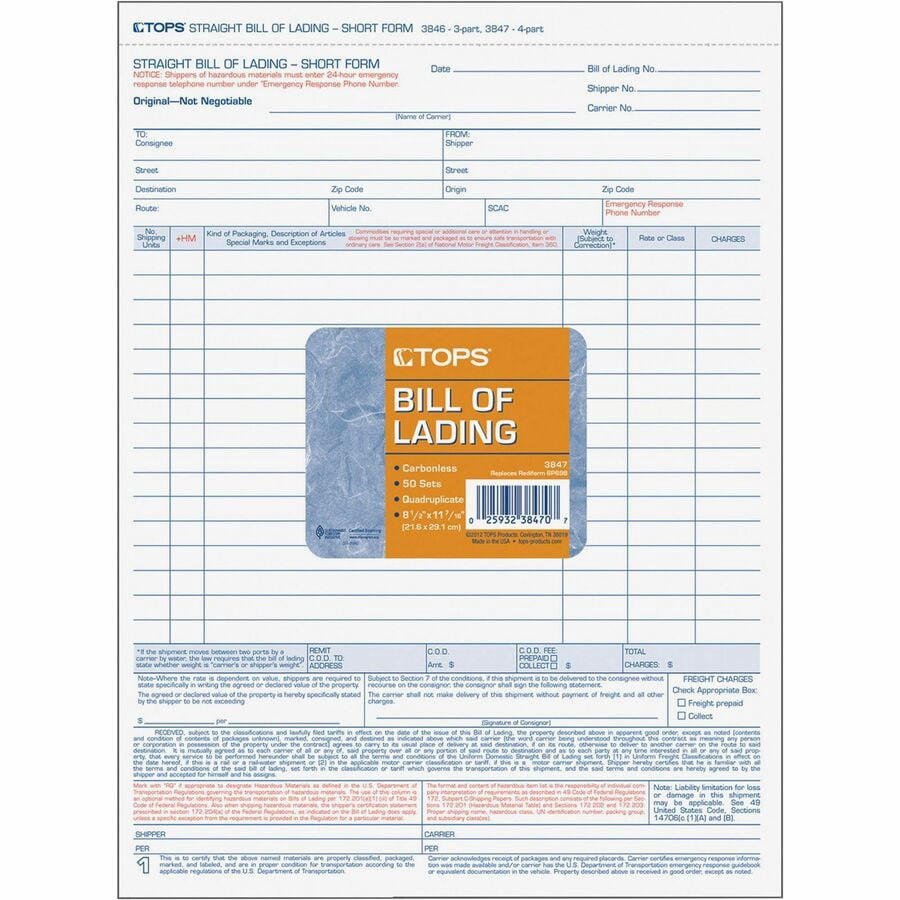 TOPS Bill-of-Lading Snap off 4-part Form Sets 4 PartCarbonless Copy - 11 7/16" x 8 1/2" Sheet Size - White Sheet(s) - Light Blue, Blue, Red Print Color - 50 / Pack