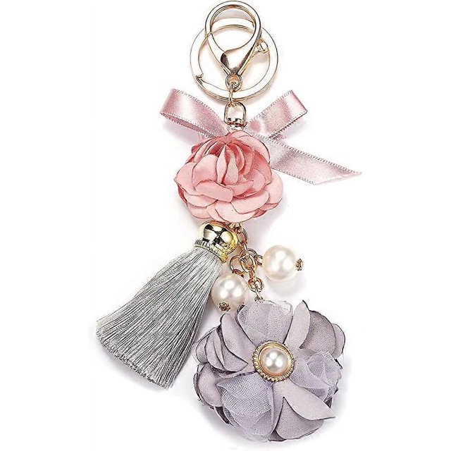 KAIYANG Llavero con forma de flor y borla de diamantes de imitación, llavero con forma de hoja, colgante para cartera y bolso para mujer, color rosa