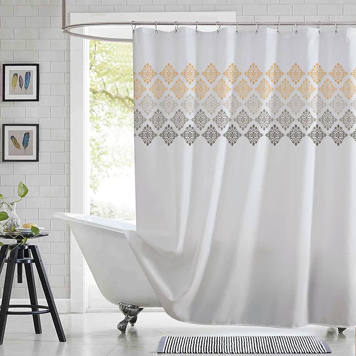 Grey Yellow Boho Shower Curtain,Beige Bohemian Chic Shower Curtains Set
