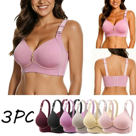 YOIAVAIOY 3 Pc Bras for Older Women Floral Bra Wireless Front Closure Bras for Senior Everyday Comfort Tshirt Bra Beige M
