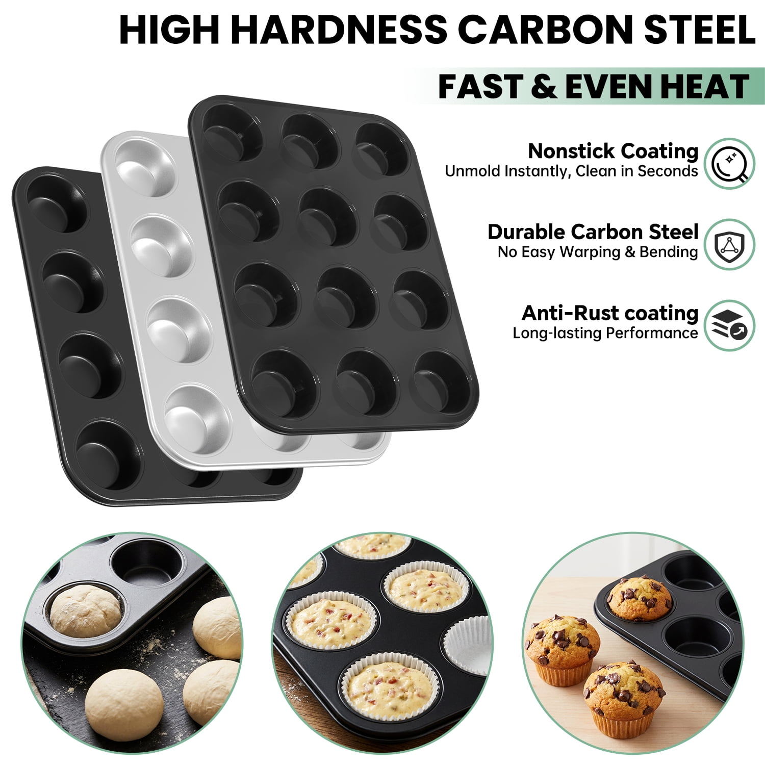GPED 2 Pack Muffin Pan for Baking, 12-Cup Nonstick Cupcake Pan, 14.2" x 11" x 1.5" with 2.56" Cups, for Muffins, Cupcakes, Brownies, Cheesecake, Carbon Steel, Easy Clean, Oven Safe