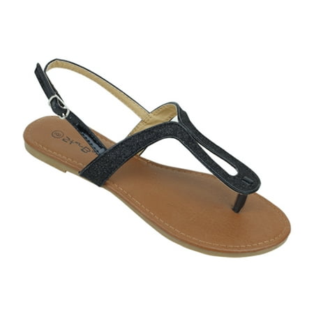 New Starbay Brand Women's Black Glitter Finish T-Strap Flat Sandals Size (Best Walking Sandals For Flat Feet)