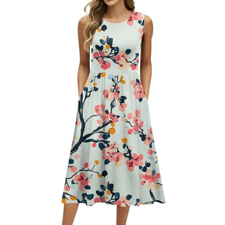 Biziza Long Causal Casual Dresses for Women Green Vintage Floral Sleeveless 2025 Elegant Dresses Stretch Polyester Round Neck Lightweight Cotton Corset Dress with Pockets