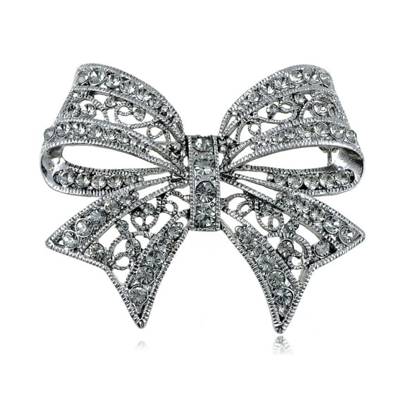 Brooch Pin Bow Ribbon Silvery Tone Clear Crystal Colored Rhinestones