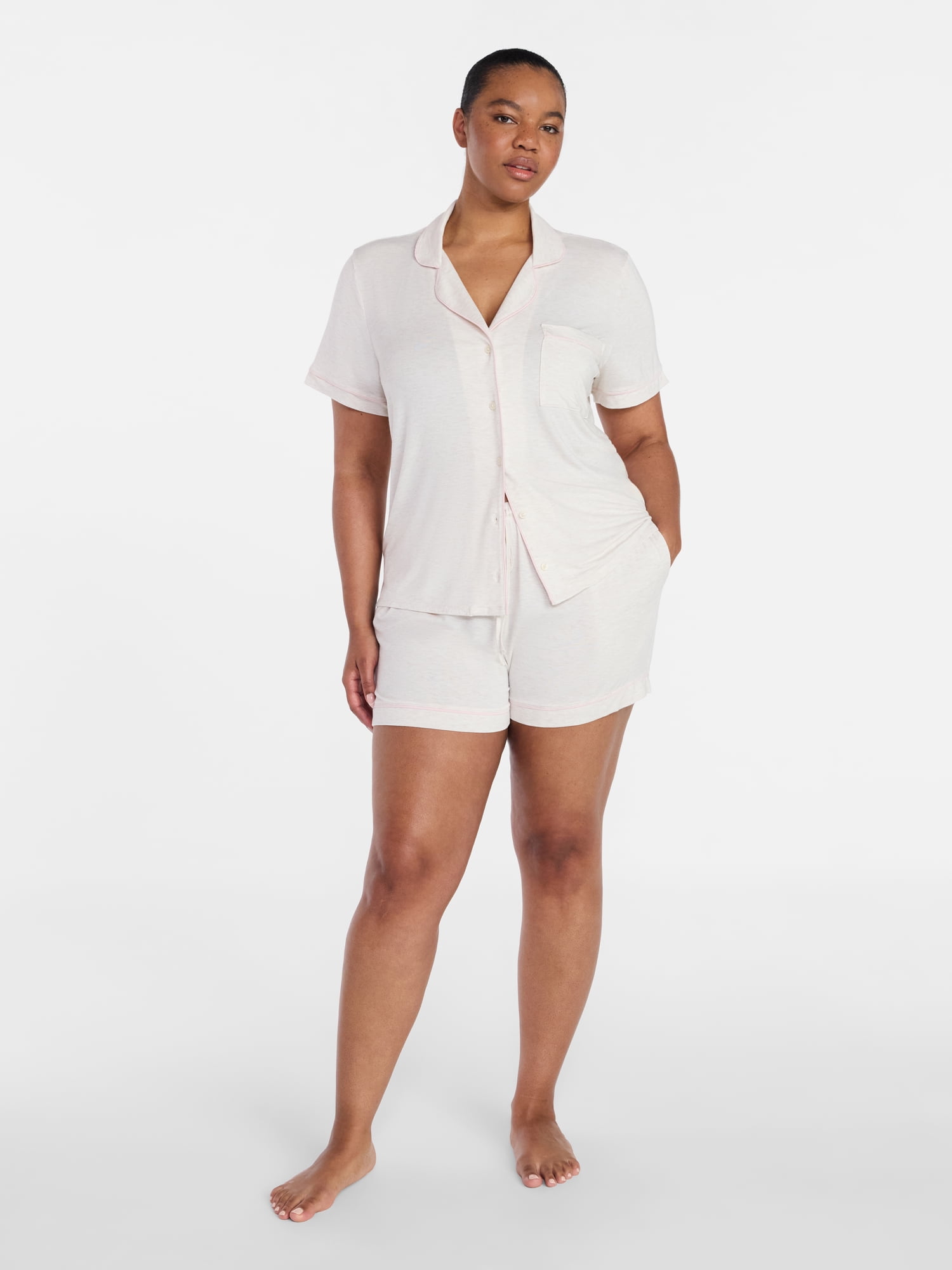 Joyspun Women’s Sleep Modal Short Sleeve Notch Top and Shorts Pajama Set, Size XS-XL, 2X-3X