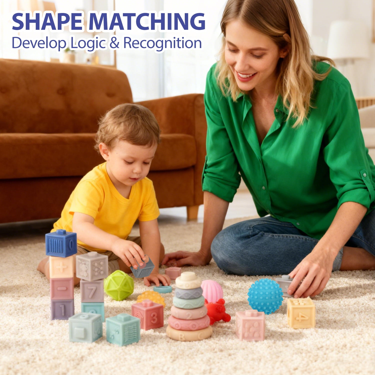 Askmuse 24PCS Montessori Toys,Baby Blocks Stacking Rings,Soft Teething Stacking Toy Set,Multi-Sensory Learning Play,Sensory Balls for Baby Toddler Development,for Ages 6M+