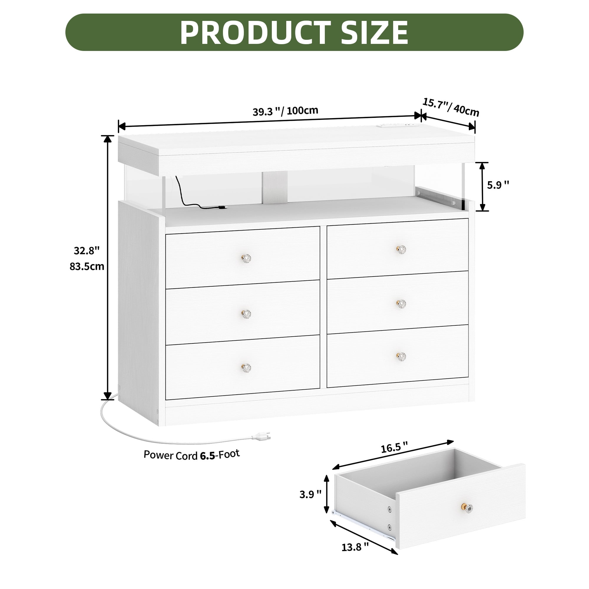 Uforic 6 Drawer Double Dresser with Power Outlets & LED Lights, Wood Chest of Drawers, White