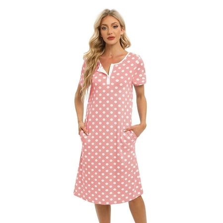 

WBQ Women s Short Sleeve Polka Dot Nightgown With Pockets Round Neck Button Down Tee Nightshirt Loose Casual Nightdress Over Knee Length House Lounge Dress S-2XL