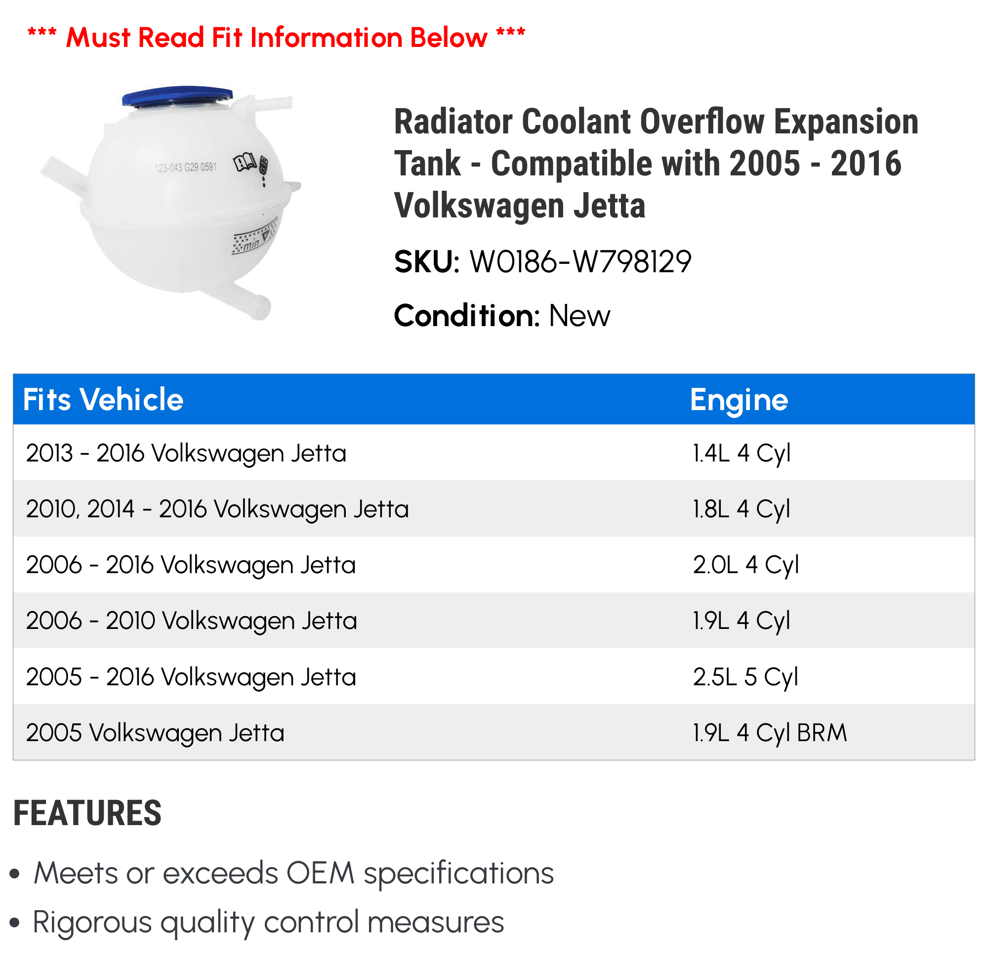 Radiator Coolant Overflow Expansion Tank - Compatible with 2005 - 2016 Volkswagen Jetta 2006 2007 2008 2009 2010 2011 2012 2013 2014 2015