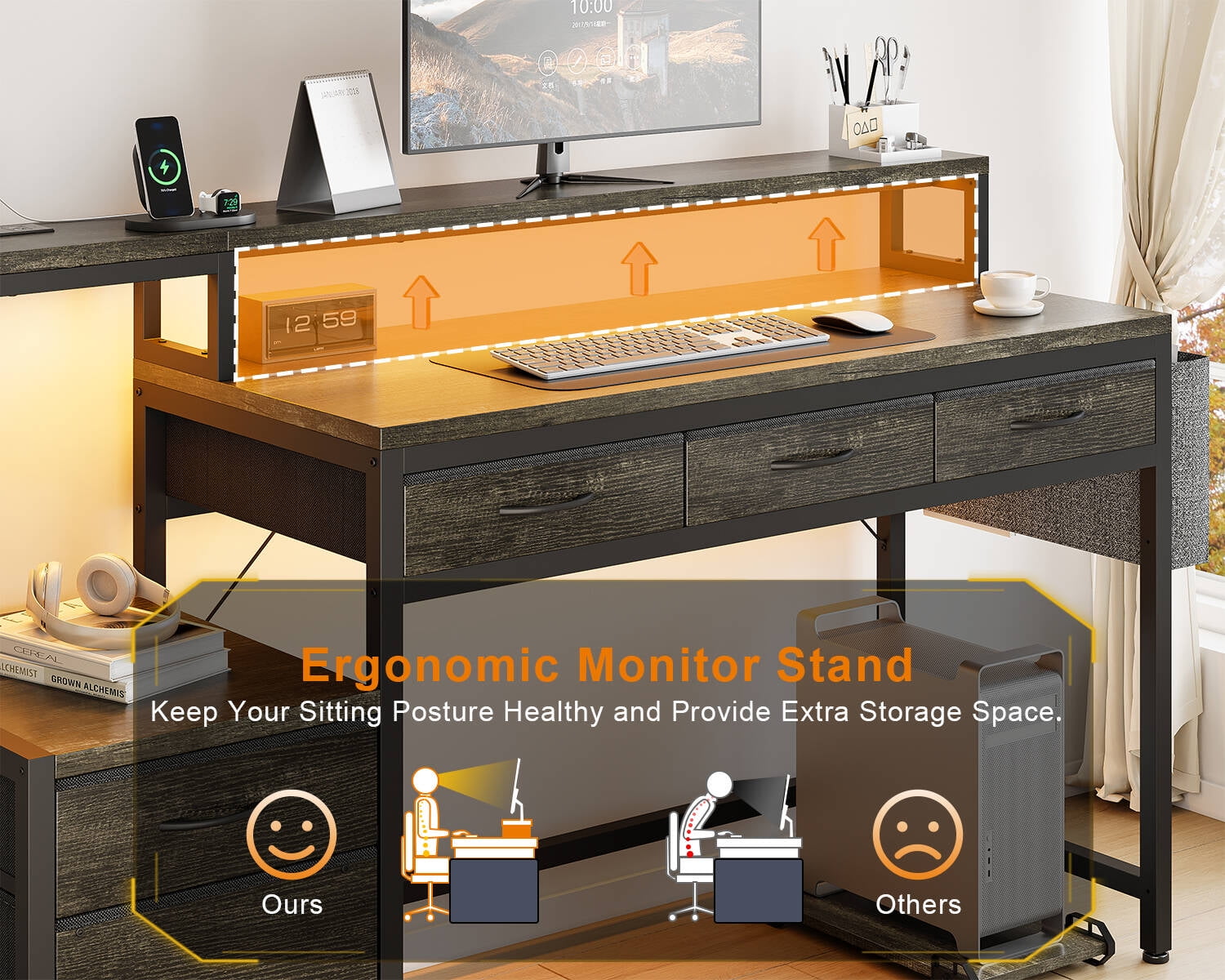 GUNAITO 60 inch Gaming Desk with 5 Fabric Drawers & Storage Shelves, Computer Desk with LED Lights & Charging Station,Gray