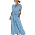 thumbnail image 2 of Guieoi Womens Dresses Plus Size V-Neck Solid-Color Short-Sleeve Tie-Front Dress Sundresses for Women Summer Blue M, 2 of 6