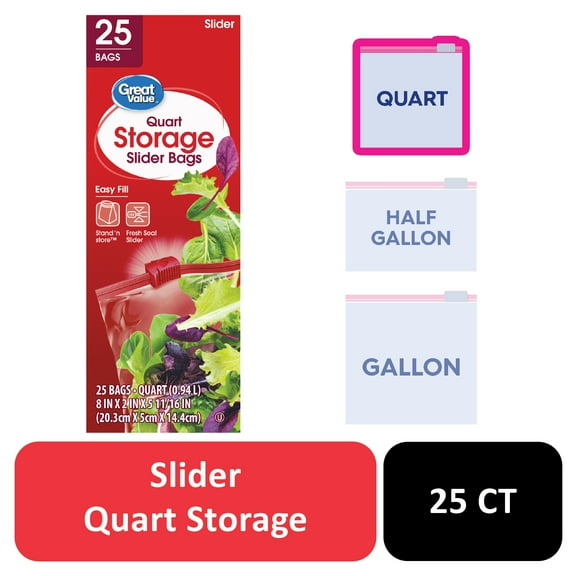 Great Value Fresh Seal Quart Storage Slider Zipper Bags, 25 Count