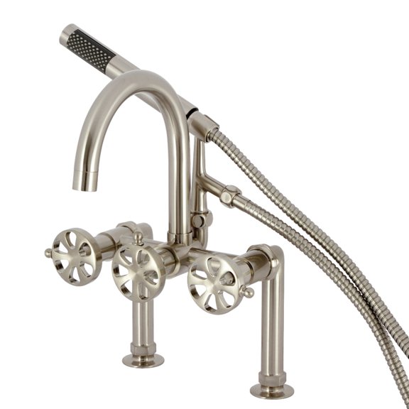 Kingston Brass AE8108RX Belknap Three-Handle 2-Hole Deck-Mount Clawfoot Tub Faucet with Hand Shower in Brushed Nickel