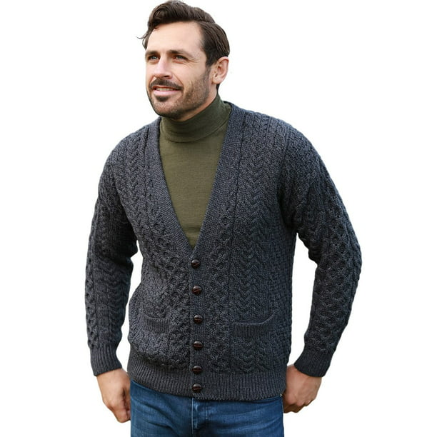 Aran Soft Merino Wool Cardigan Sweater Cable Knitted for Men Made in ...