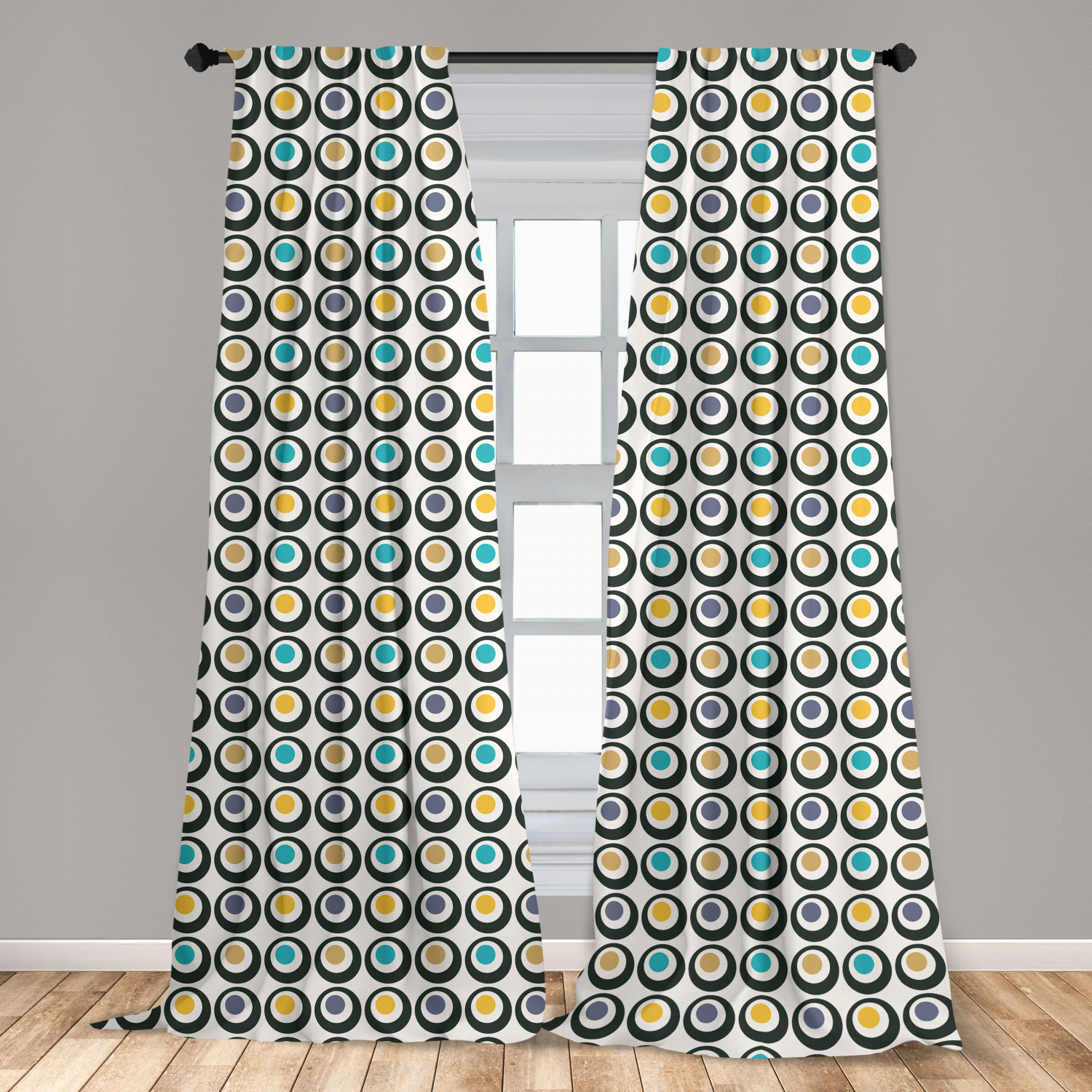 Retro Curtains 2 Panels Set, Bold Circles with Colorful Polka Dots Old