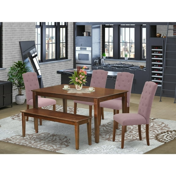 HomeStock Coastal Charm 6Pc Dining Set Includes A Rectangle Dining Table, Four Parson Chairs With Dahlia Fabric And A Bench, Mahogany Finish