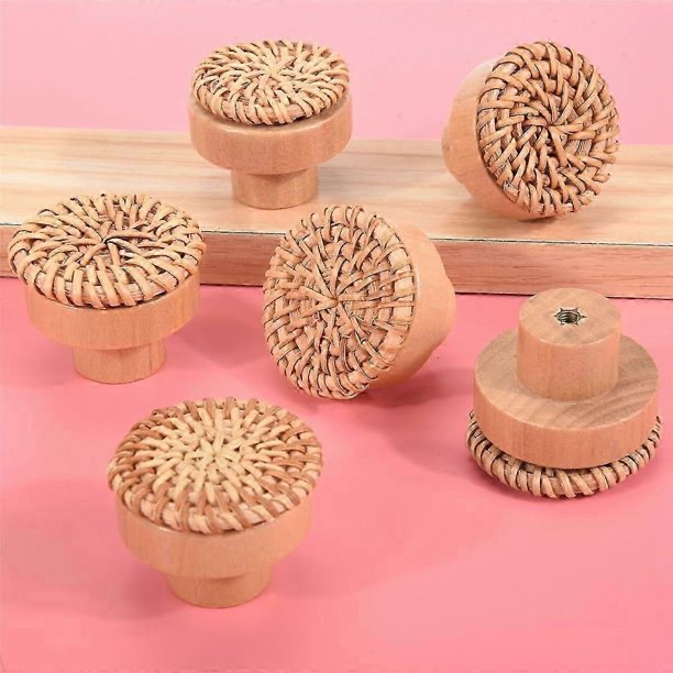 Tiradores de tocador Boho de ratán, tiradores de cajón redondos de madera, mimbre tejido a mano y tornillos para muebles Boho.