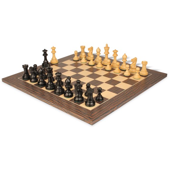 Parker Staunton Chess Set Ebonized & Boxwood Pieces with Deluxe Tiger Ebony & Maple Board- 3.75" King