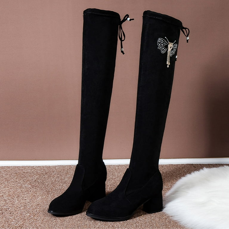 fvwitlyh Winter Boots for Women Thigh High Jean Boots Womens Fashion  Rhinestone Butterfly Stretch Solid Color Round Toe Zipper Middle Boots Thin  Calf