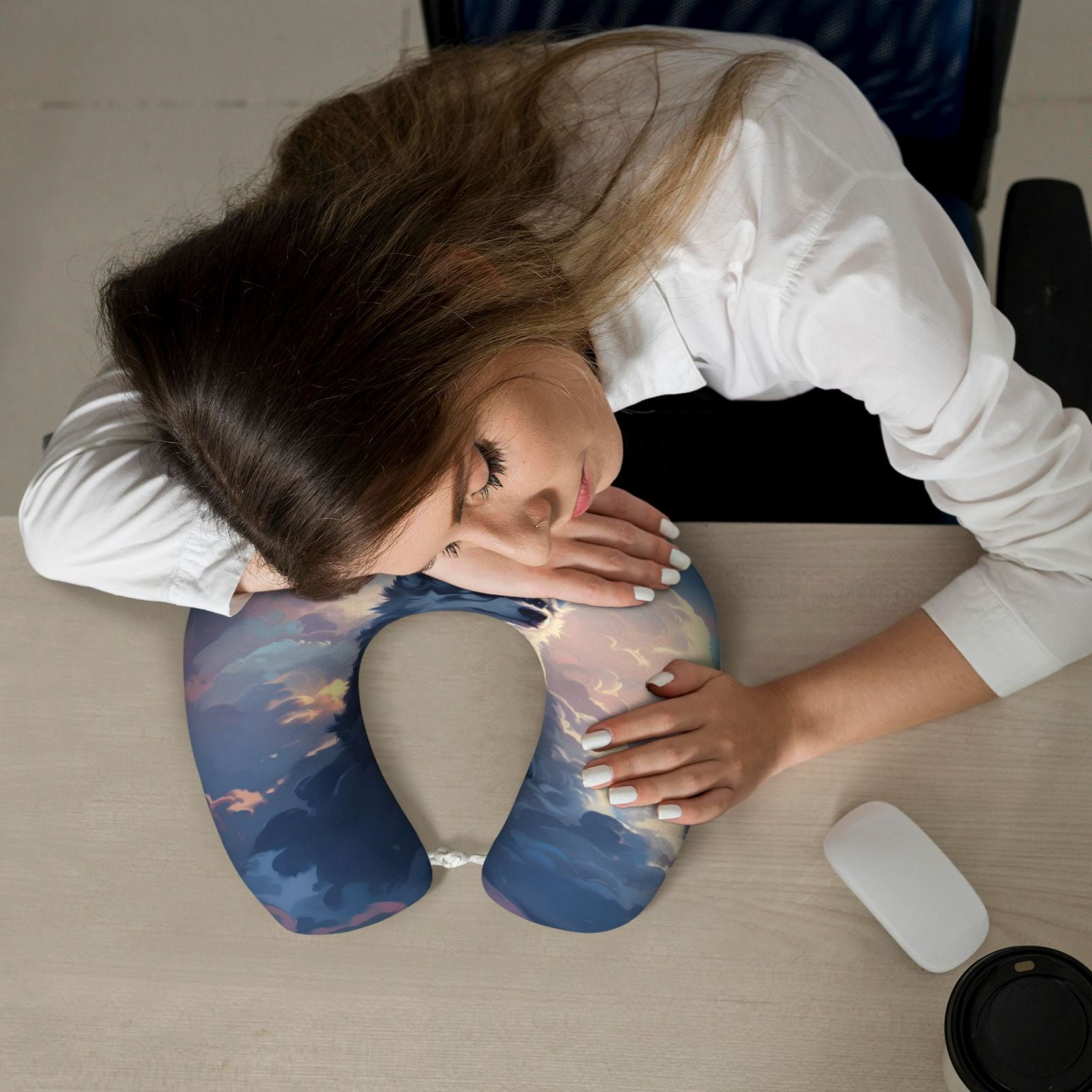 Xecao Cloud Wolf Print Memory Foam Cervical Neck Pillow Versatile U-Shaped Pillows for Home,Office,Camping,Travelling,Soft Washable Cover