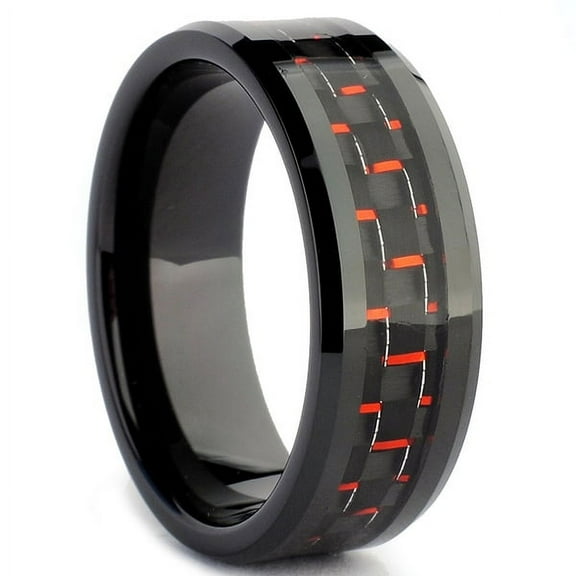 Tungsten Wedding Band Ring 8mm Men's Engagement Black with Red & Black Carbon Fiber Inlay