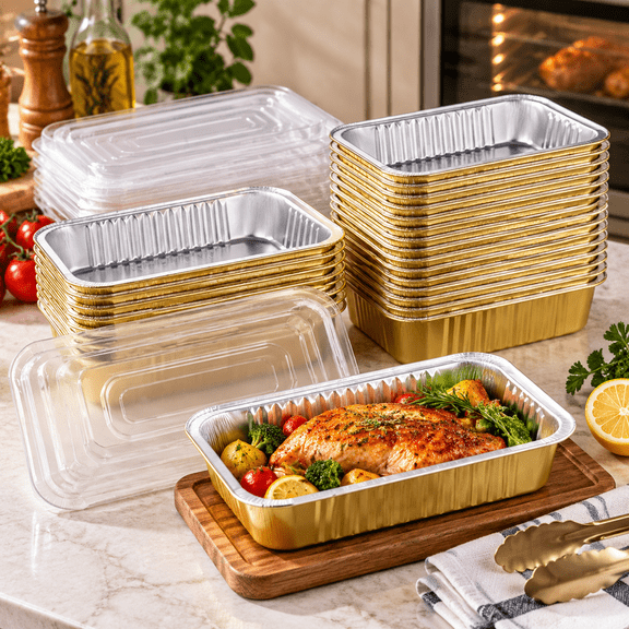 20PCS Aluminum Foil Pans Disposable Rectangular Baking Trays with Clear Lids for Food Storage Cooking and Serving