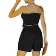 thumbnail image 3 of Honganda Women's Two-Piece Suit, Solid Color Sleeveless Off Shoulder Pleated Crop Tops + Elastic Waist Shorts, 3 of 9