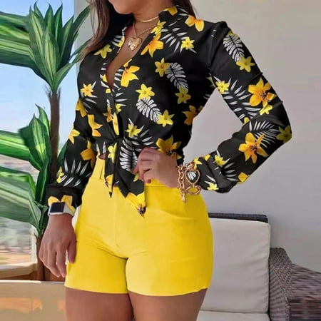 ZAZYULZ Casual Fashion Set Women s Shorts Set Sleeveless Vest Top Suit Shorts Two Piece Set Floral Print Basic Tank Top & Shorts Set With Belt(Yellow M)