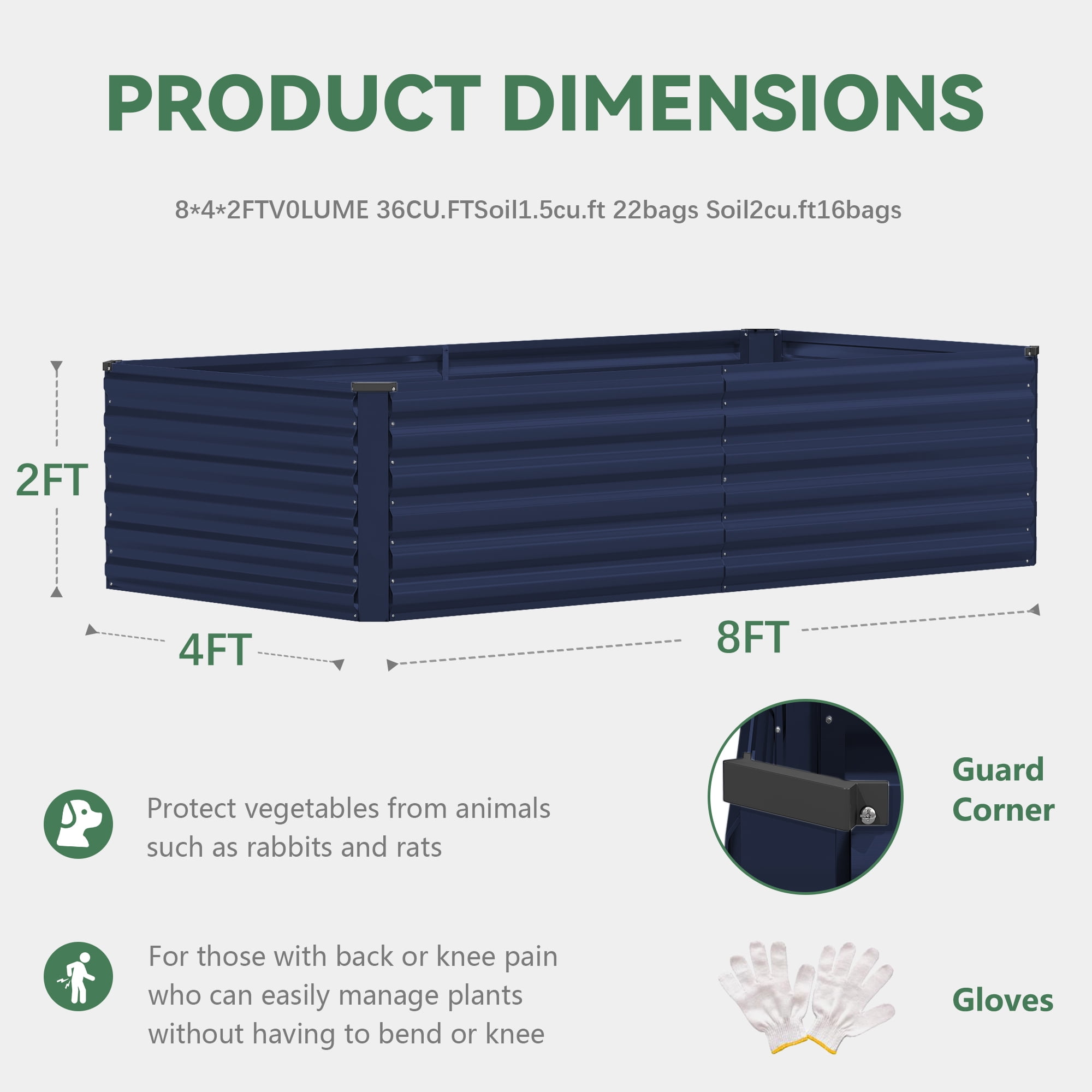 FOOWIN 2 Pack 8x4x2ft Outdoor Metal Raised Garden Bed,Planter Box for Vegetables,Flowers,Herbs w/478 Gallon Capacity, Blue