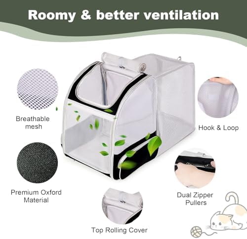 Backpack to Carry Cat and Small Puppy up to 16 Pounds, Breathable Pet Carrier to Transport Kitten Rabbit to Vet Visit Bag, Airline Approved Collapsible Expandable Black