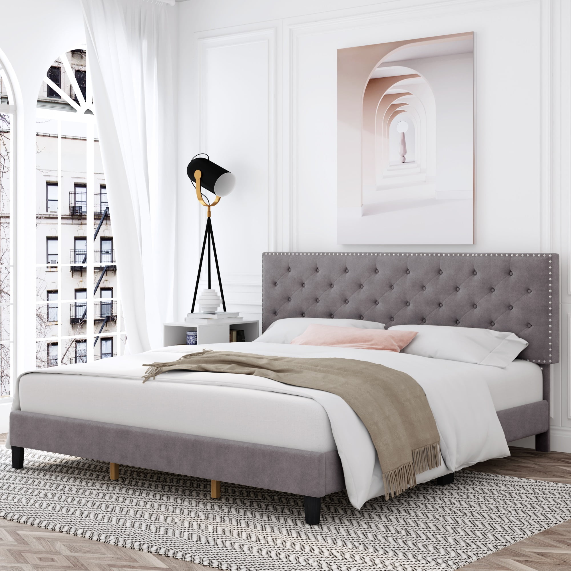 Upholstered Grey King Size Wood Panel Bed Frame with Button Tufted Headboard
