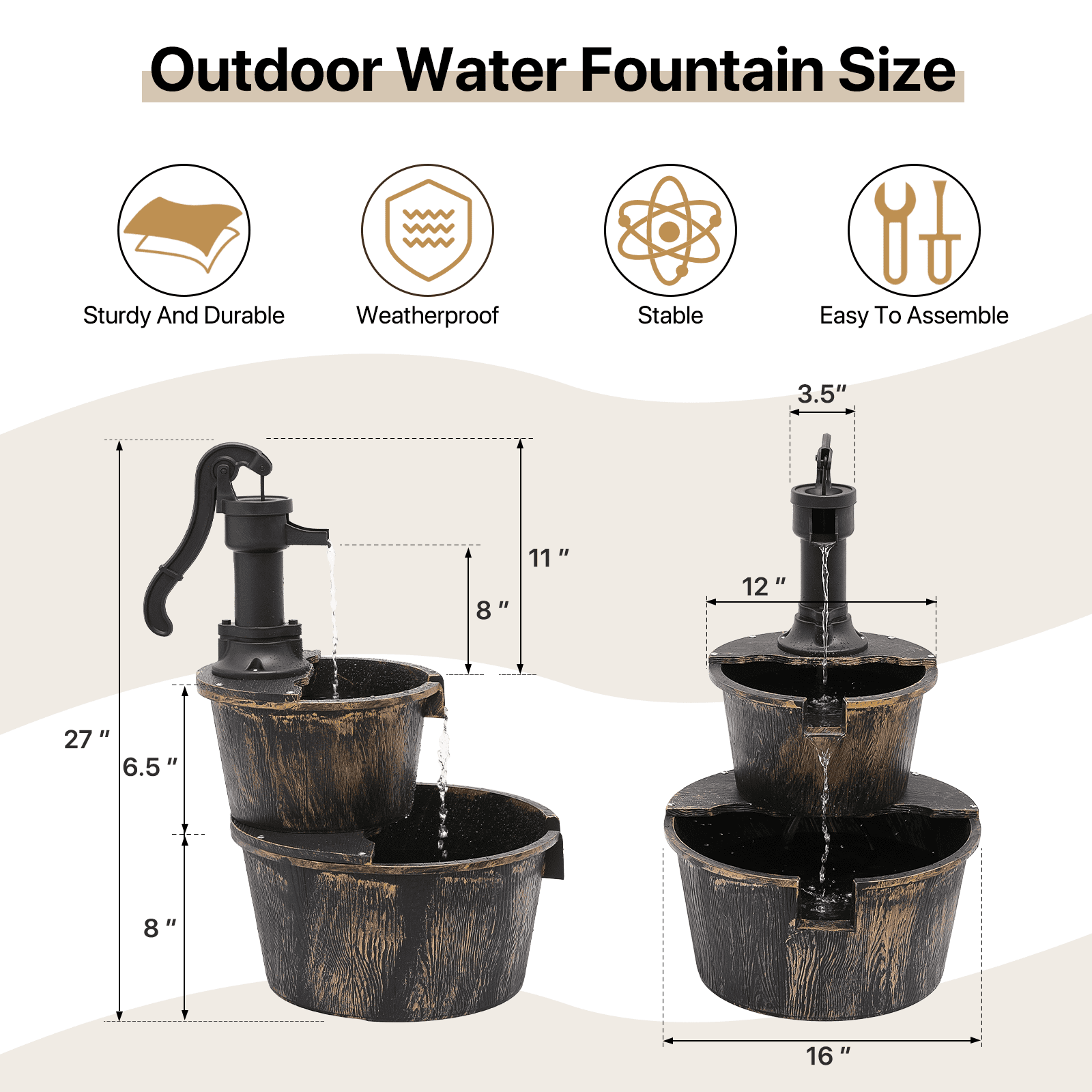 OSM Outdoor Water Fountain, 27" Tall 2-Tier Barrel Design with Waterfall and Electric Pump, Freestanding Water Feature for Garden, Patio, Backyard, Porch, 11 L Capacity, Bronze