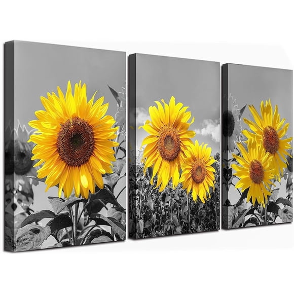 Art Mural Tournesol pour Salon Fleurs Noires et Blanches Déco Murale Impressions sur Toile Florales Jaunes Peinture Cadre en Bois avec Crochet Image Décorative Botanique de Fleurs Oeuvre en 3 Panneaux 12x16 Pouces