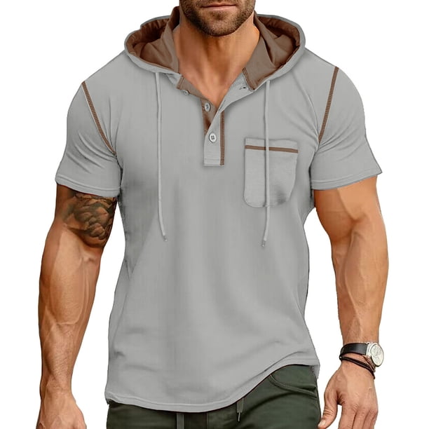Ceisia Men's Slim Fit Contrast Hooded Henley Short Sleeve Shirt with Chest Pocket Gifts